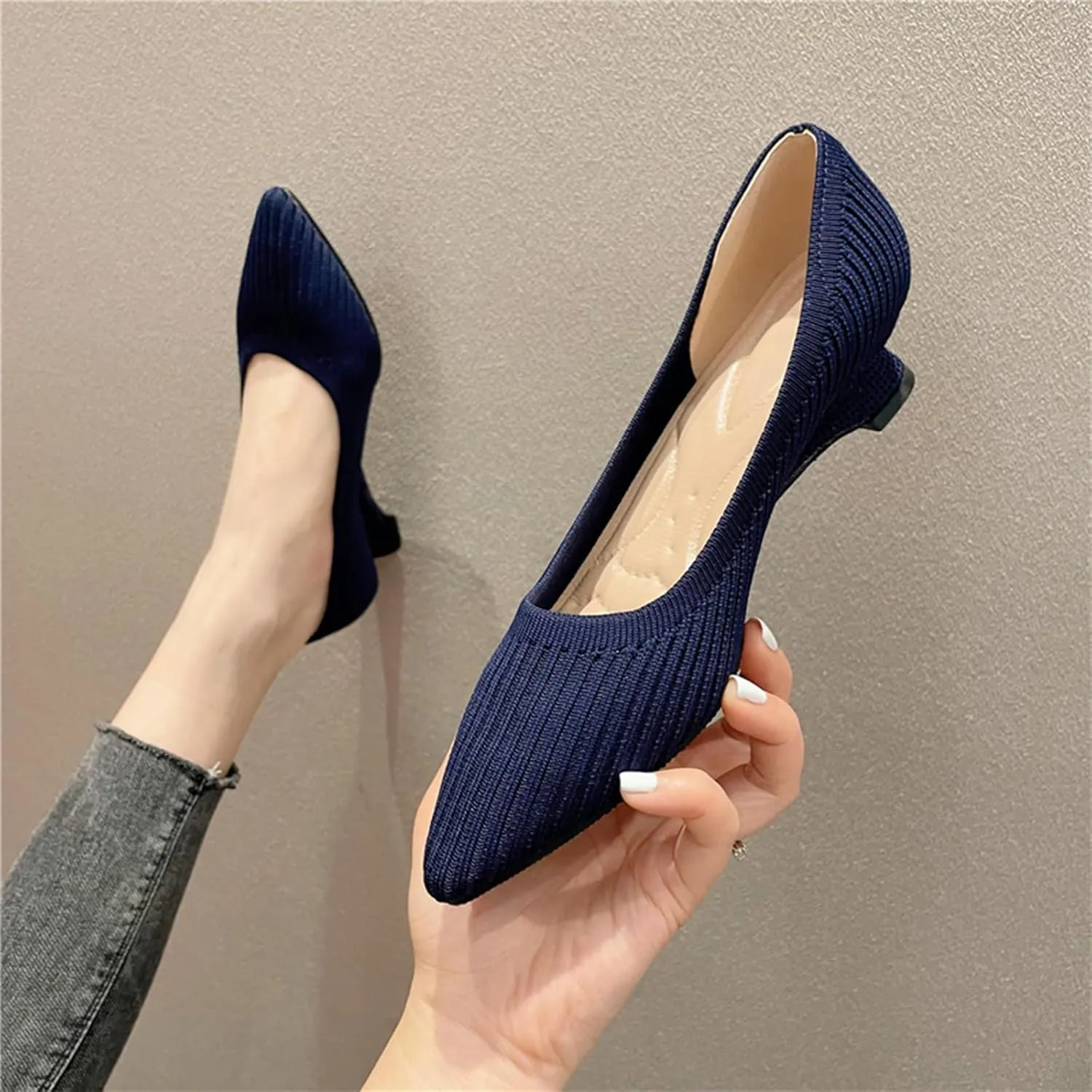 HIPPOSEUS Women's Slope Heel Pumps Pointed Toe Work Office Shoes Knitting Fashion Shoes