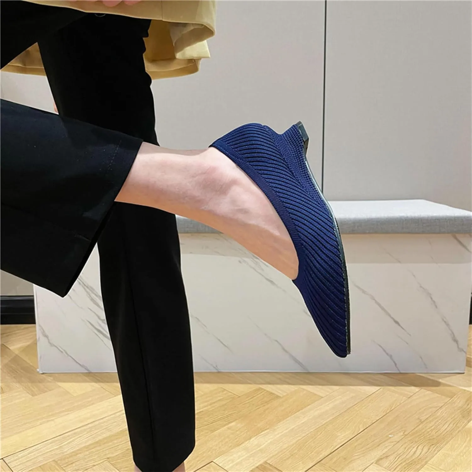 HIPPOSEUS Women's Slope Heel Pumps Pointed Toe Work Office Shoes Knitting Fashion Shoes