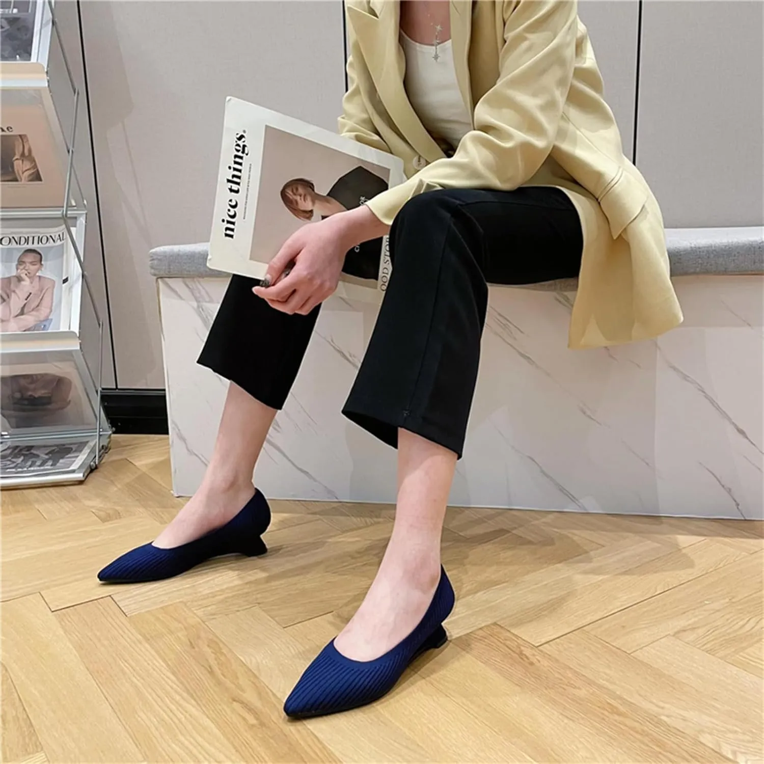 HIPPOSEUS Women's Slope Heel Pumps Pointed Toe Work Office Shoes Knitting Fashion Shoes