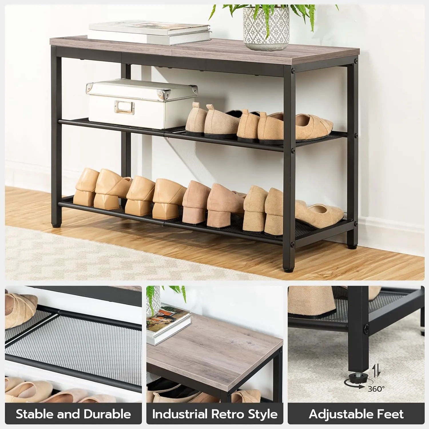 HOOBRO Shoe Bench, 3-Tier Shoe Rack, Industrial Shoe Organizer Storage Bench, 29.5 inches Entry Bench with Mesh Shelves, for Entryway, Living Room, Hallway, Easy Assembly, Greige BG75HX01