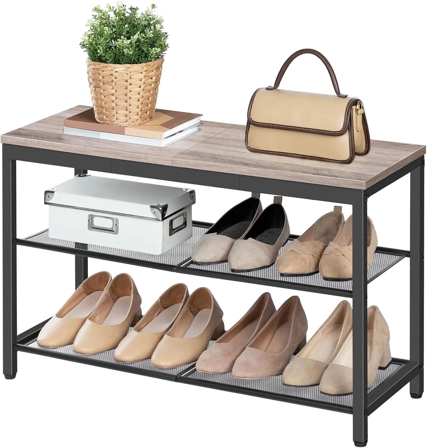 HOOBRO Shoe Bench, 3-Tier Shoe Rack, Industrial Shoe Organizer Storage Bench, 29.5 inches Entry Bench with Mesh Shelves, for Entryway, Living Room, Hallway, Easy Assembly, Greige BG75HX01