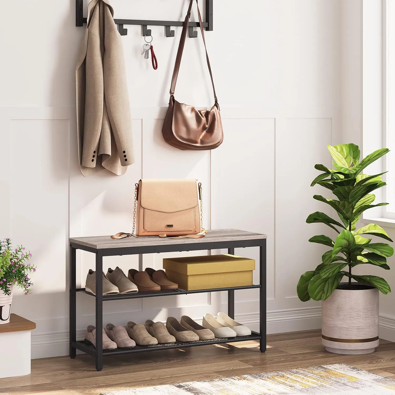 HOOBRO Shoe Bench, 3-Tier Shoe Rack, Industrial Shoe Organizer Storage Bench, 29.5 inches Entry Bench with Mesh Shelves, for Entryway, Living Room, Hallway, Easy Assembly, Greige BG75HX01