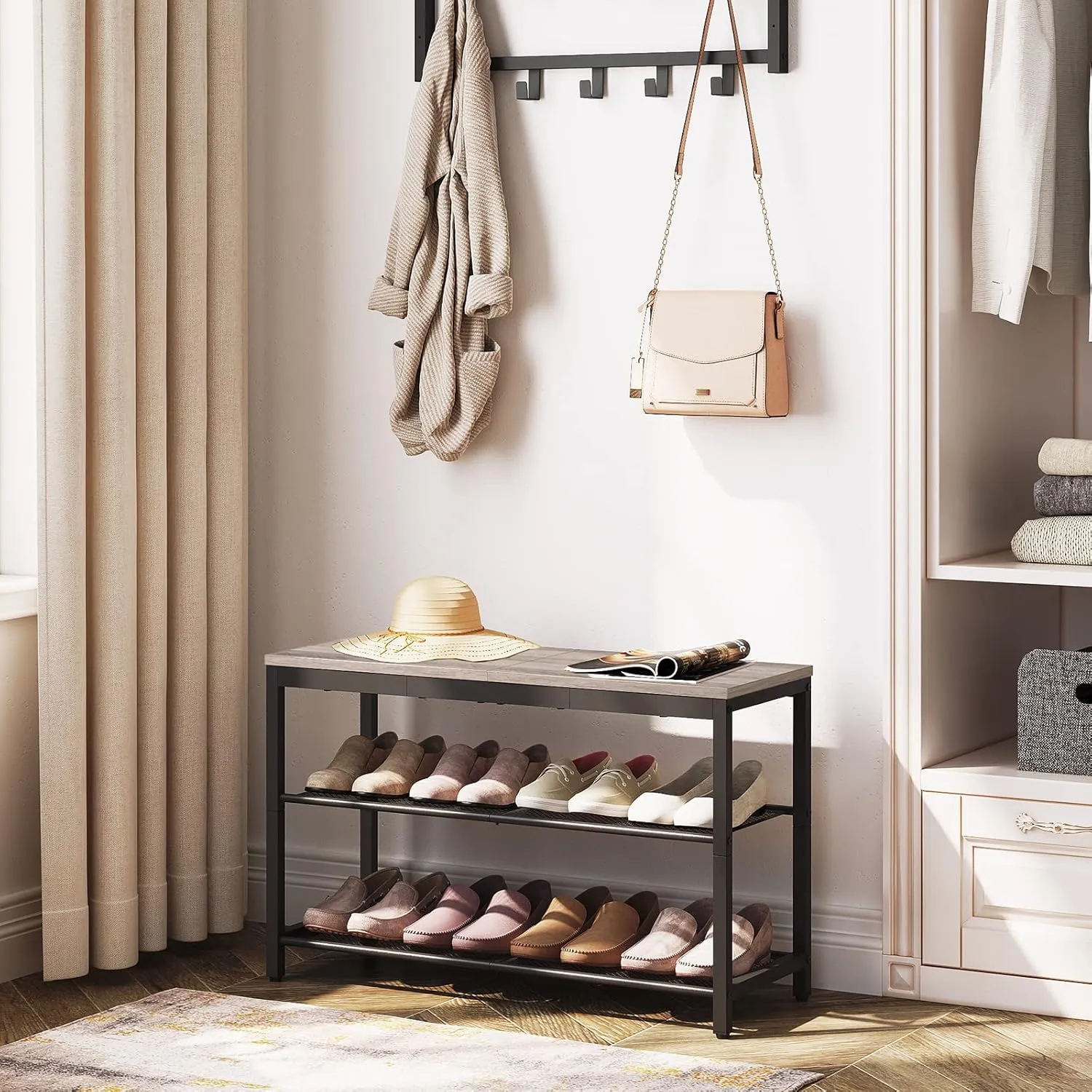 HOOBRO Shoe Bench, 3-Tier Shoe Rack, Industrial Shoe Organizer Storage Bench, 29.5 inches Entry Bench with Mesh Shelves, for Entryway, Living Room, Hallway, Easy Assembly, Greige BG75HX01