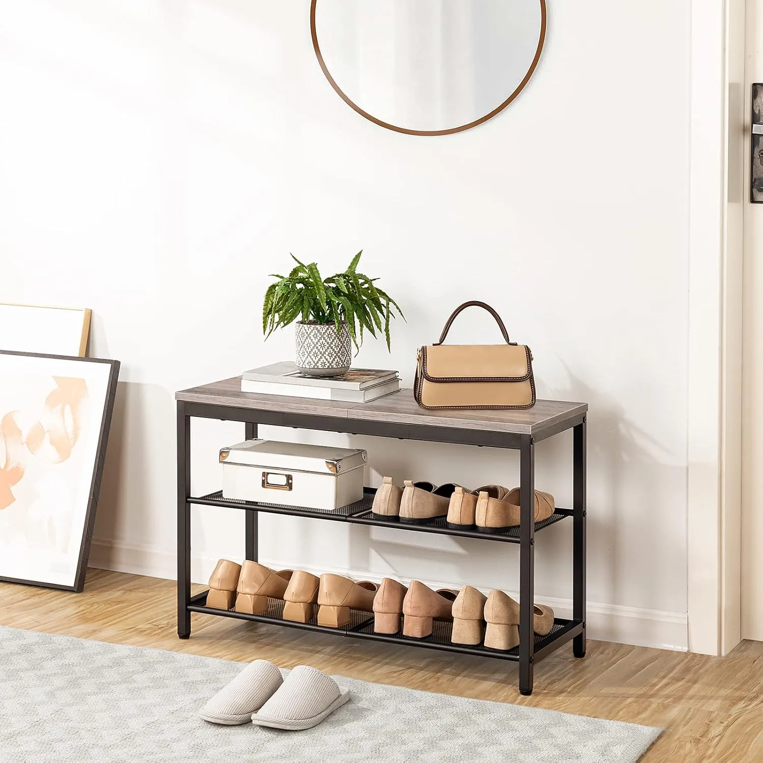 HOOBRO Shoe Bench, 3-Tier Shoe Rack, Industrial Shoe Organizer Storage Bench, 29.5 inches Entry Bench with Mesh Shelves, for Entryway, Living Room, Hallway, Easy Assembly, Greige BG75HX01