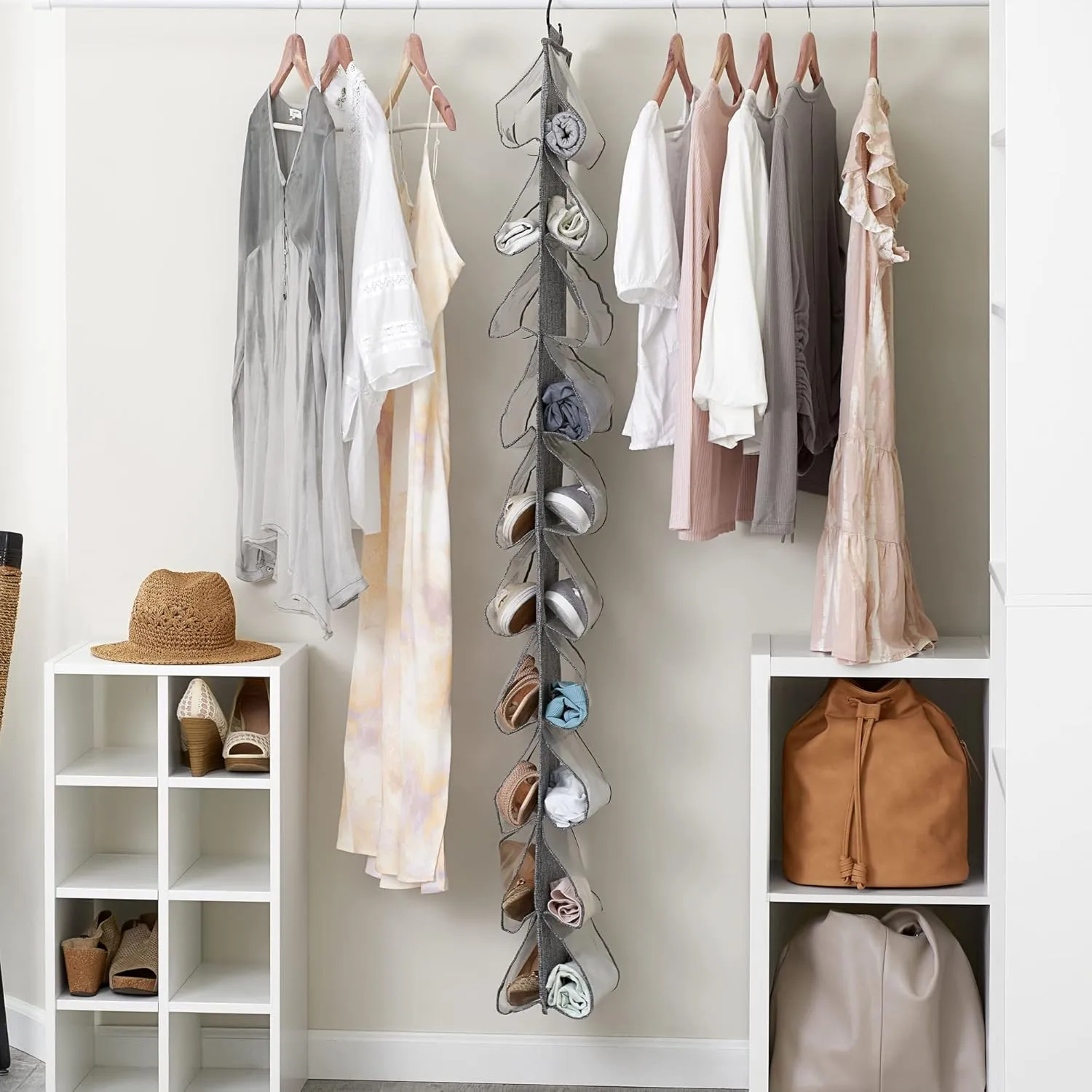 Household Essentials 20-Pocket Closet Shoe File, Durable Polyester Linen Plastic, Holds 10 Pairs of Shoes, Individual Storage, Single Hook System