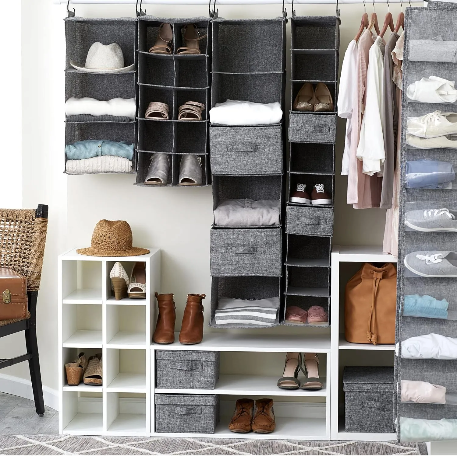 Household Essentials 20-Pocket Closet Shoe File, Durable Polyester Linen Plastic, Holds 10 Pairs of Shoes, Individual Storage, Single Hook System