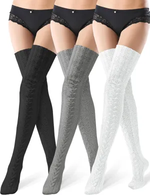 Jecery 3 Pairs Women's Thigh High Socks Cable Knit Over the Knee Boot Socks Warm Long Winter Stockings for Women Girls
