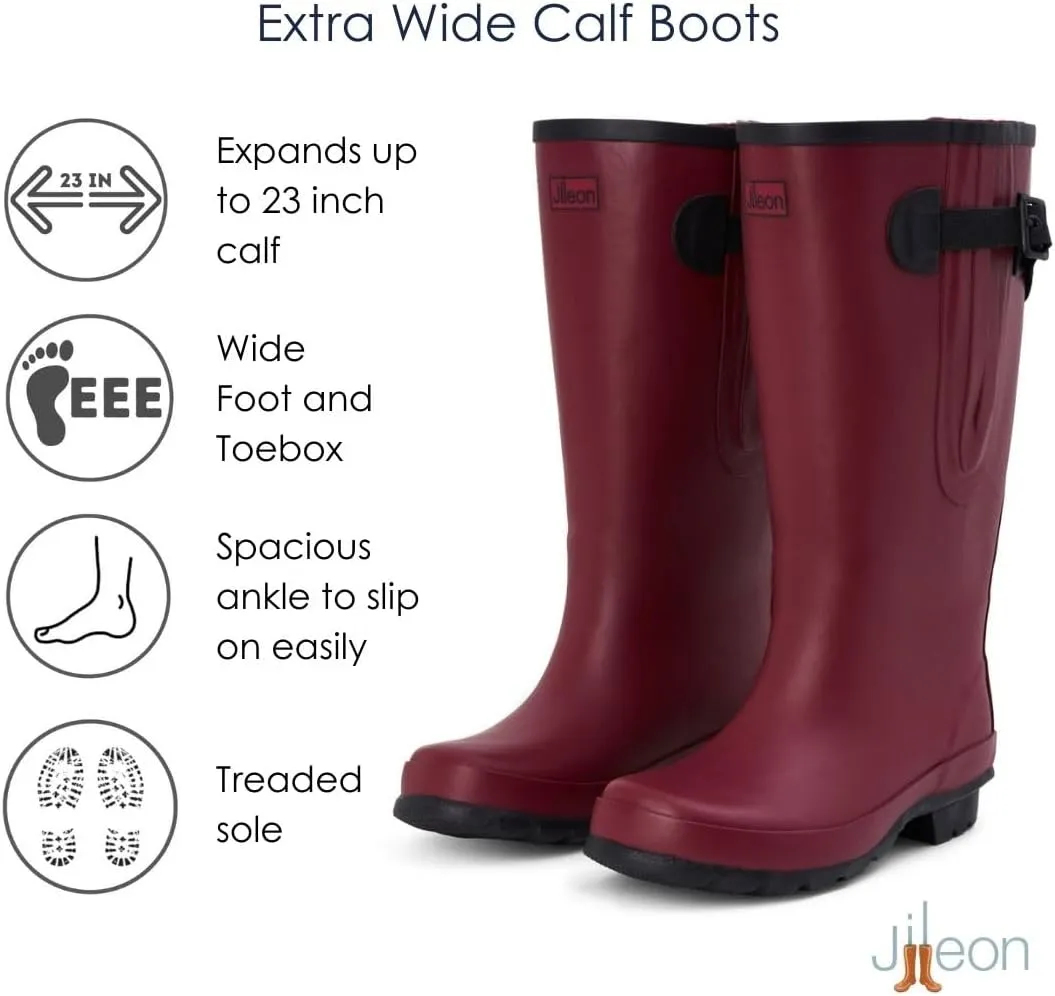 Jileon Extra Wide Calf Rain Boots - Ideal for Wide Feet, Ankles & Calves - Fit 16 to 23” Calves - Durable & Waterproof