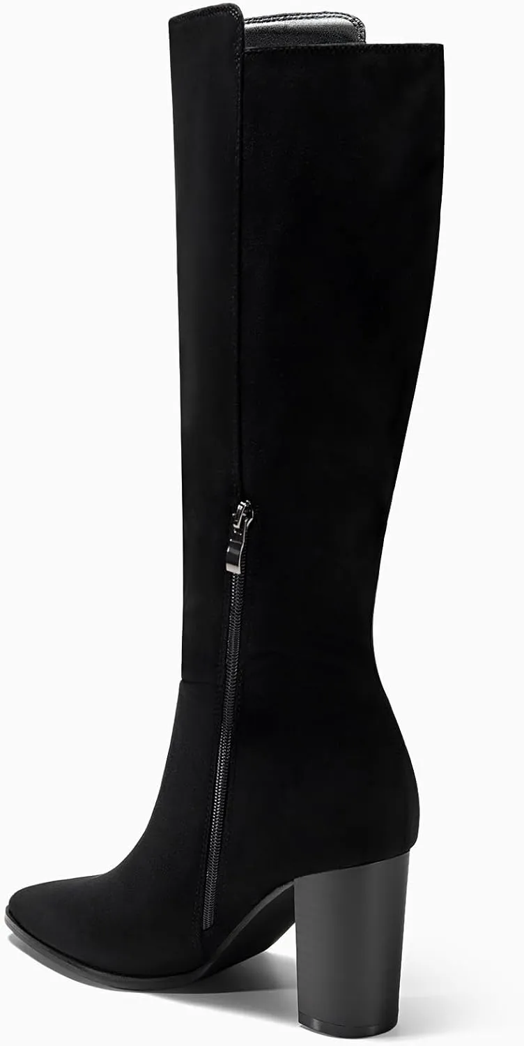 Juliet Holy Women's Knee High Boots Stacked Block Heel Wide Calf Closed Pointed Toe Riding Boots