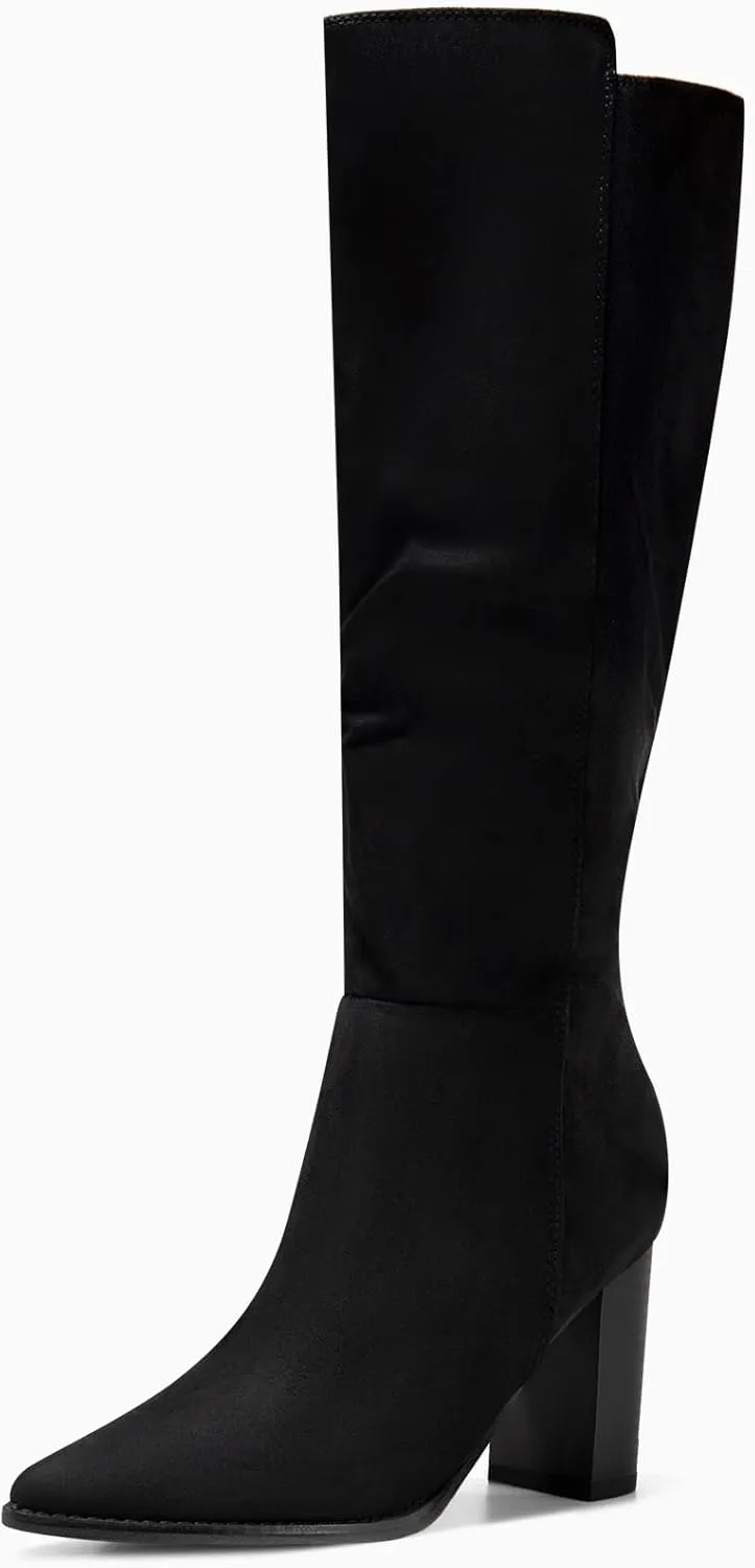 Juliet Holy Women's Knee High Boots Stacked Block Heel Wide Calf Closed Pointed Toe Riding Boots