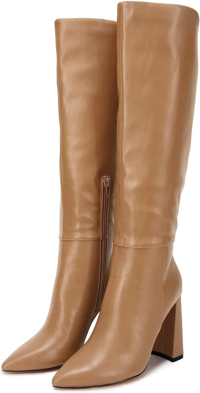 Juliet Holy Womens Pointed Toe Knee-high Boot Wide Calf Chunky Block Side Zipper Go-go Boots