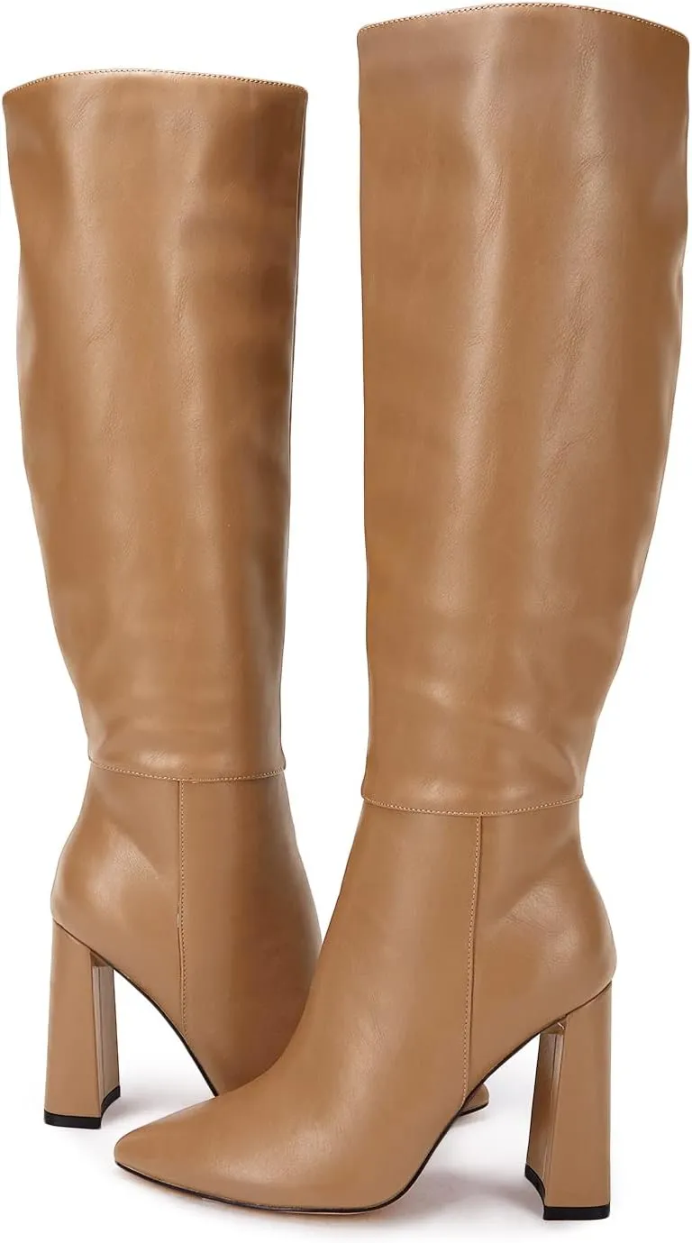 Juliet Holy Womens Pointed Toe Knee-high Boot Wide Calf Chunky Block Side Zipper Go-go Boots