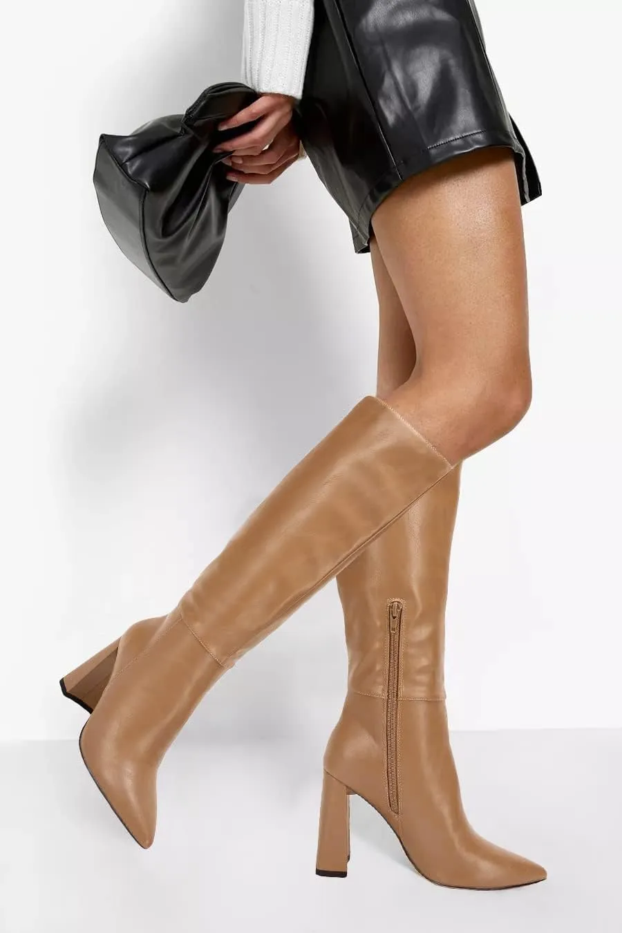 Juliet Holy Womens Pointed Toe Knee-high Boot Wide Calf Chunky Block Side Zipper Go-go Boots