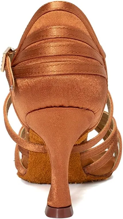 JUODVMP Women's Salsa Tango Latin Ballroom Practice Dance Shoes Satin Braided Cross Straps Professional Dance Heels