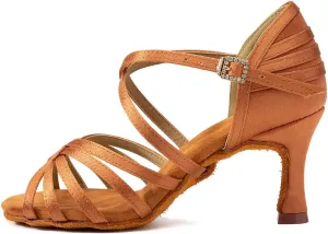 JUODVMP Women's Salsa Tango Latin Ballroom Practice Dance Shoes Satin Braided Cross Straps Professional Dance Heels
