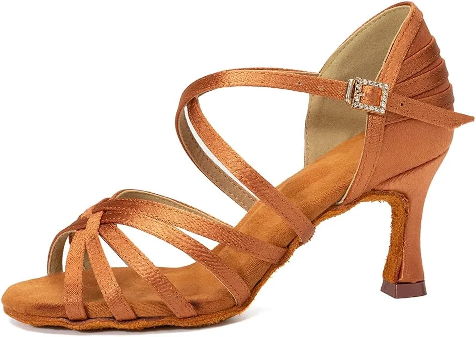 JUODVMP Women's Salsa Tango Latin Ballroom Practice Dance Shoes Satin Braided Cross Straps Professional Dance Heels