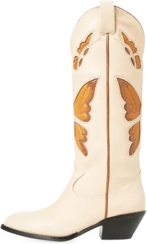 keleimusi Butterfly Knee High Boots for Women Cowgirl Autumn Western Almond Toe Shoes
