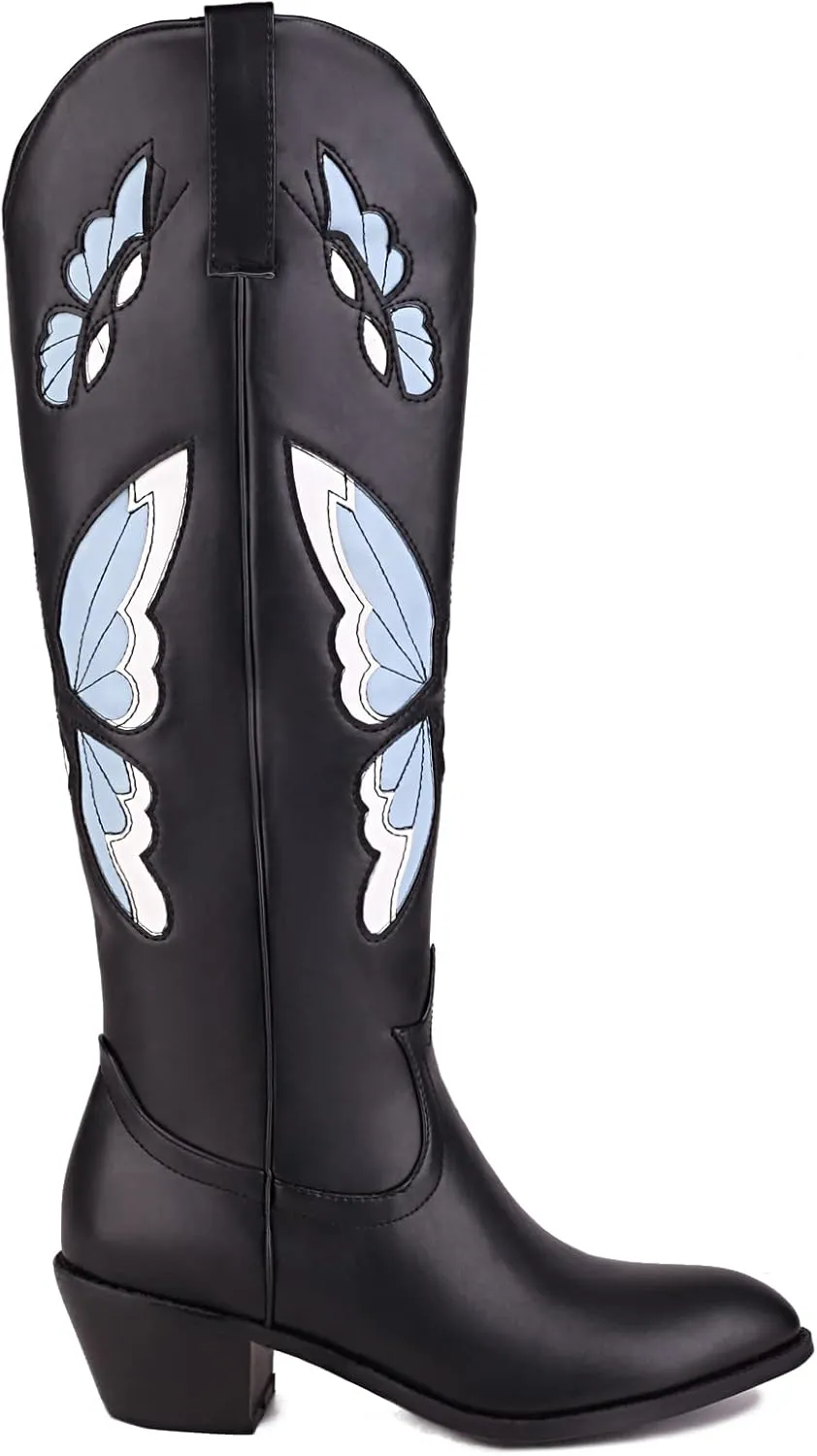 keleimusi Butterfly Knee High Boots for Women Cowgirl Autumn Western Almond Toe Shoes
