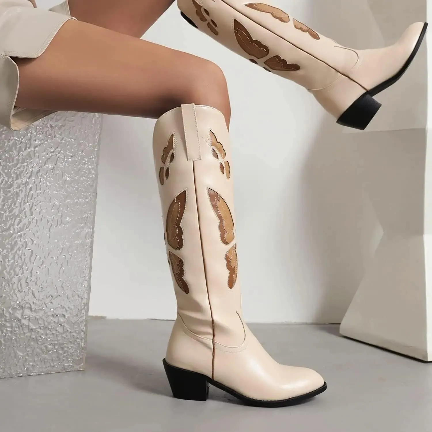 keleimusi Butterfly Knee High Boots for Women Cowgirl Autumn Western Almond Toe Shoes