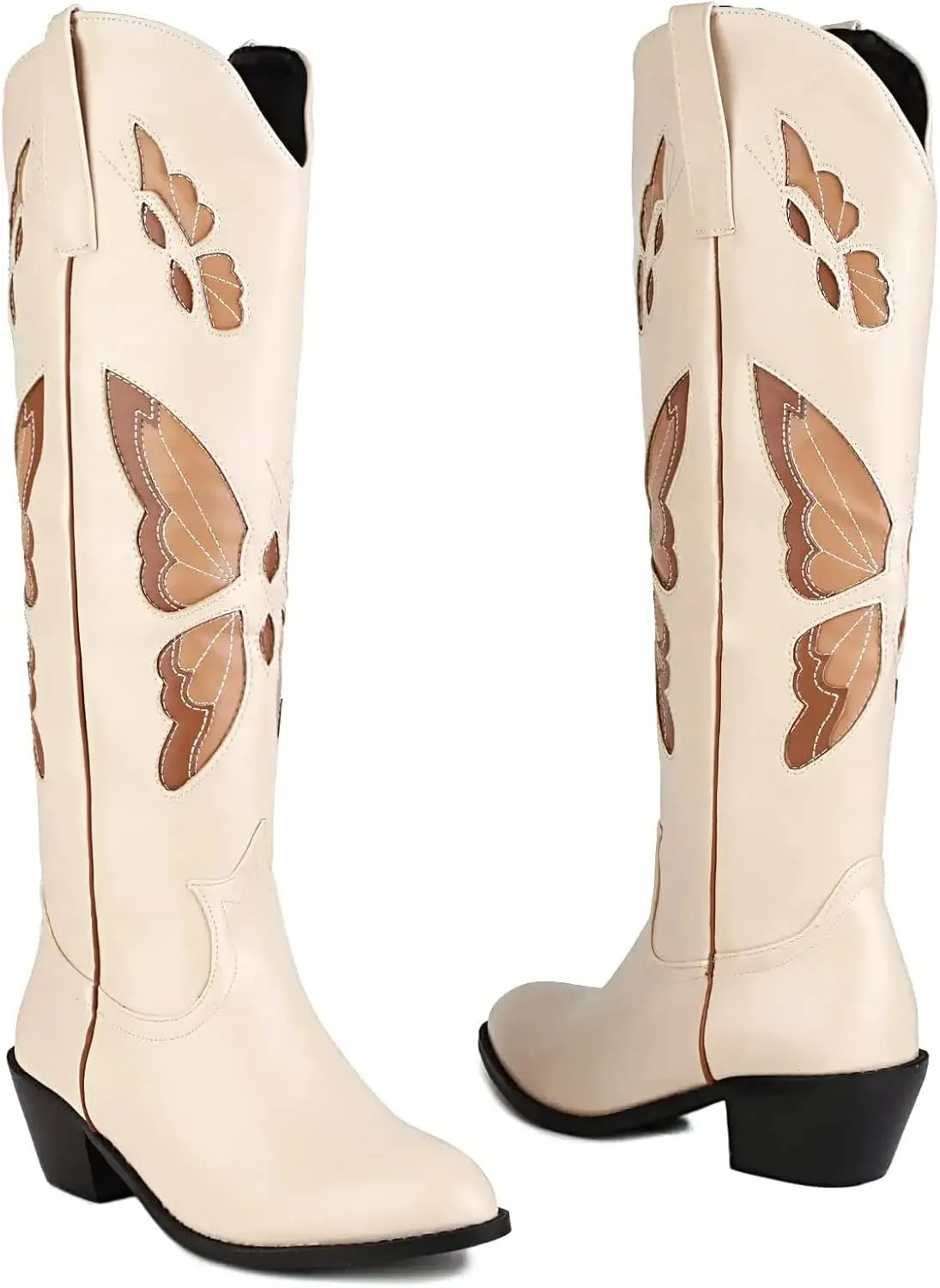keleimusi Butterfly Knee High Boots for Women Cowgirl Autumn Western Almond Toe Shoes