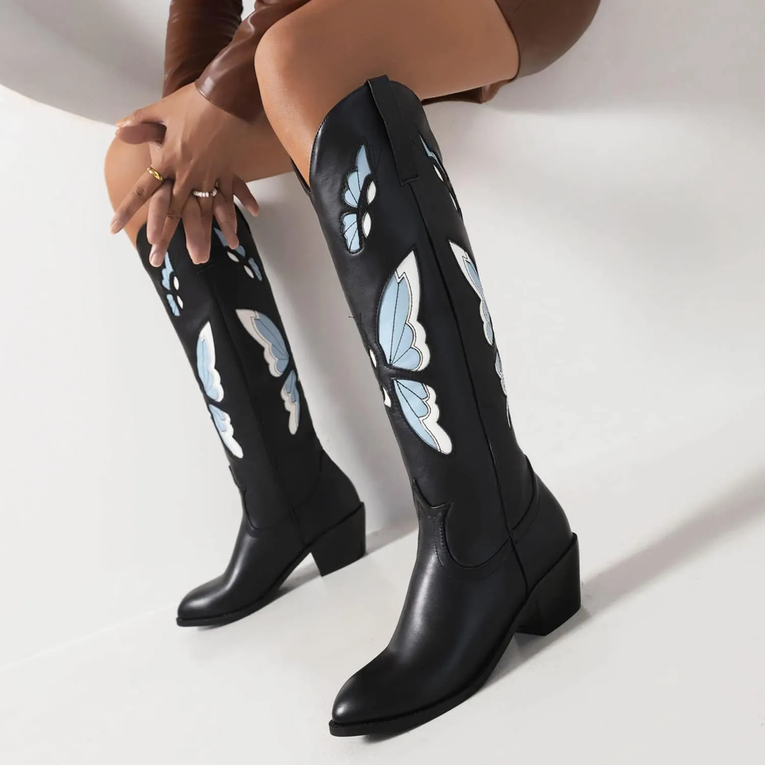 keleimusi Butterfly Knee High Boots for Women Cowgirl Autumn Western Almond Toe Shoes