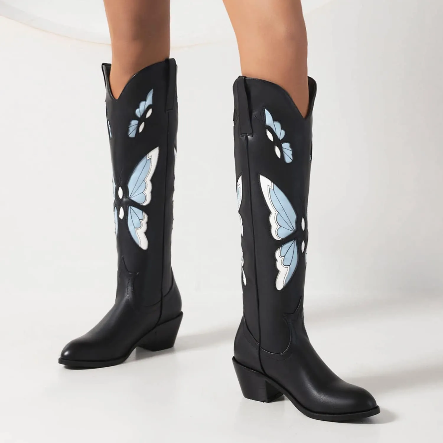 keleimusi Butterfly Knee High Boots for Women Cowgirl Autumn Western Almond Toe Shoes