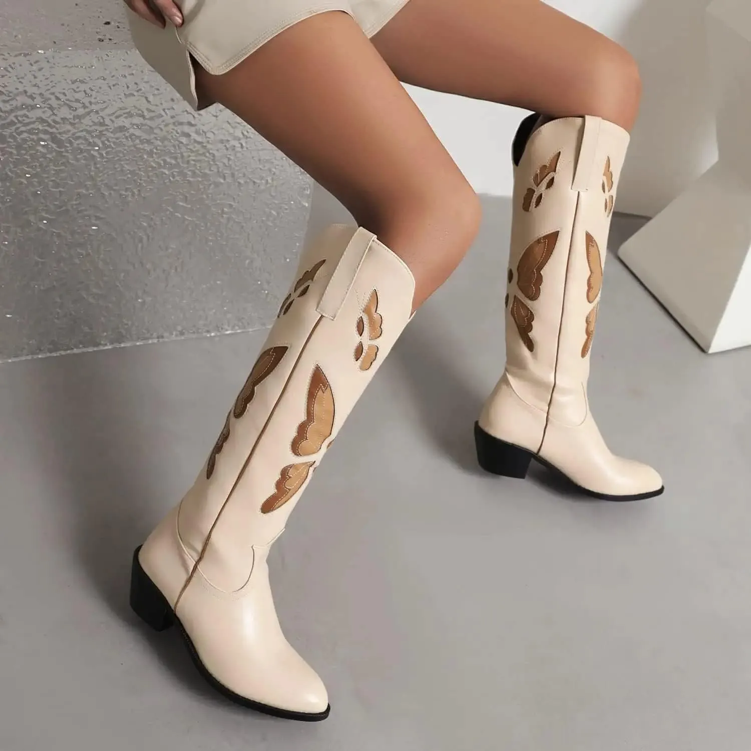 keleimusi Butterfly Knee High Boots for Women Cowgirl Autumn Western Almond Toe Shoes