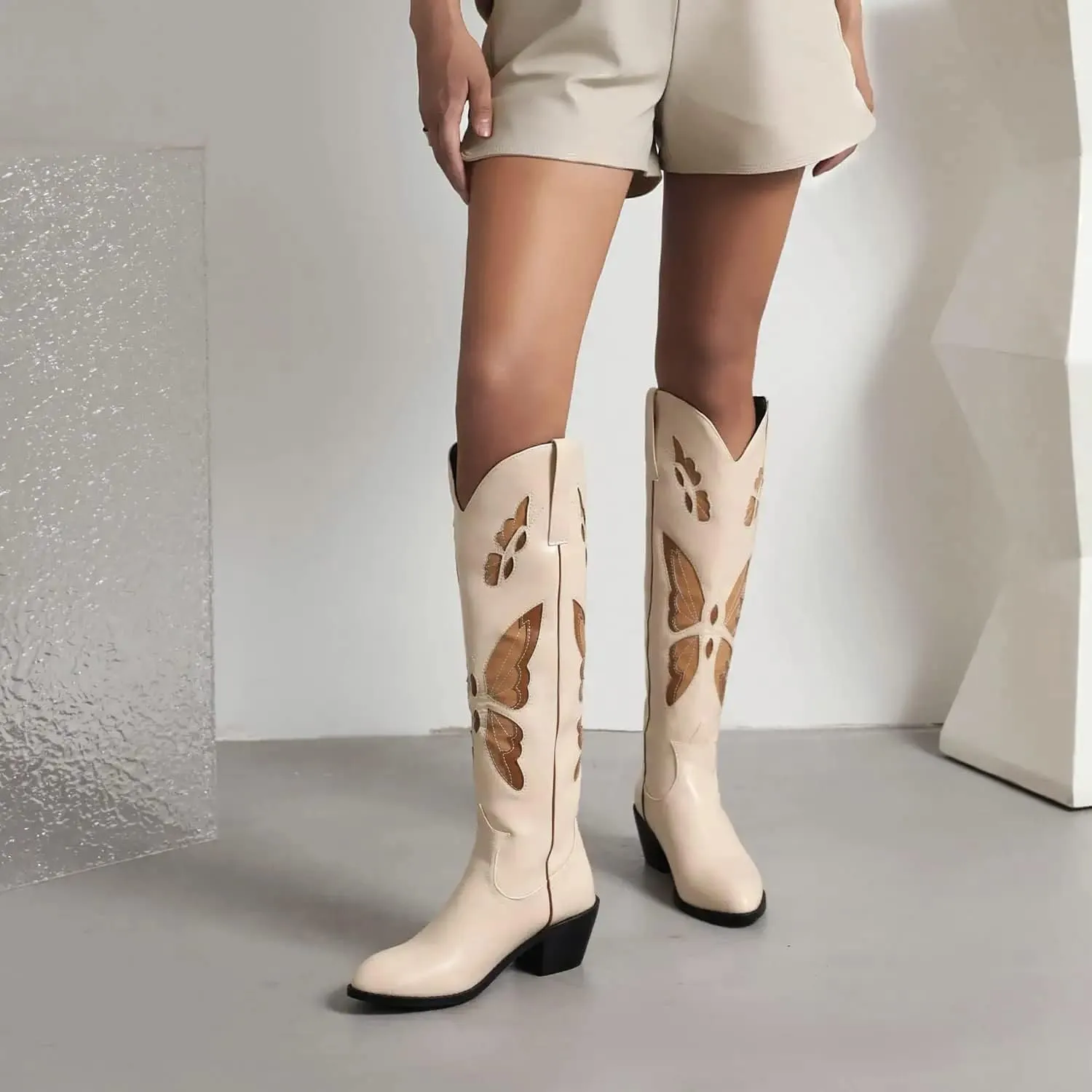 keleimusi Butterfly Knee High Boots for Women Cowgirl Autumn Western Almond Toe Shoes