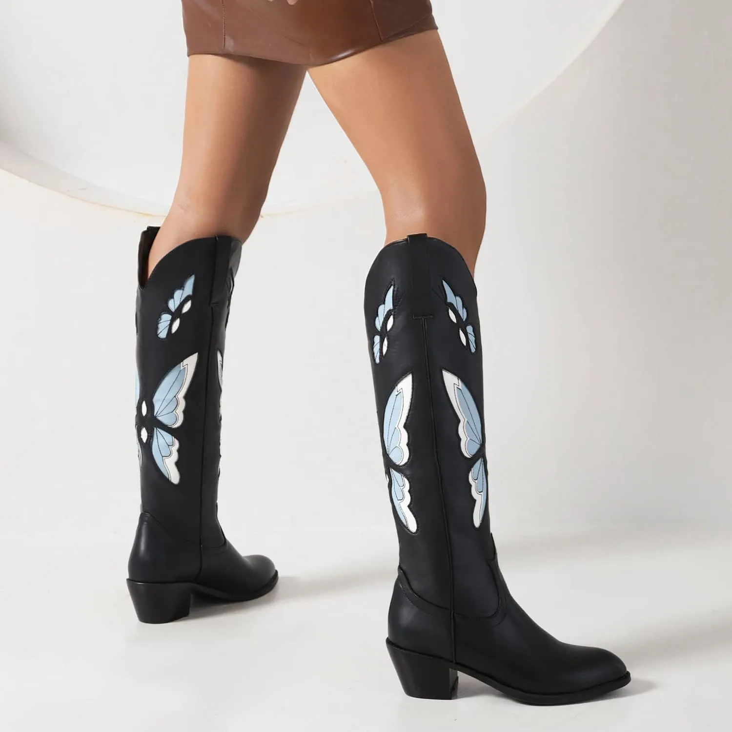 keleimusi Butterfly Knee High Boots for Women Cowgirl Autumn Western Almond Toe Shoes