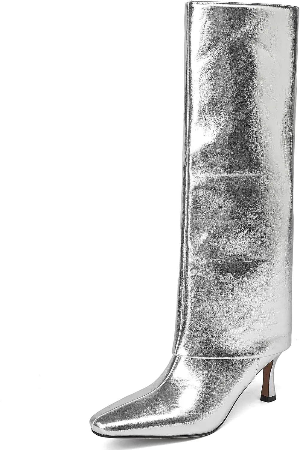 Kluolandi Women's Stiletto High Heel Knee High Boots Pointed Toe Fold Over Boots for Women Knee High Dress Shoes