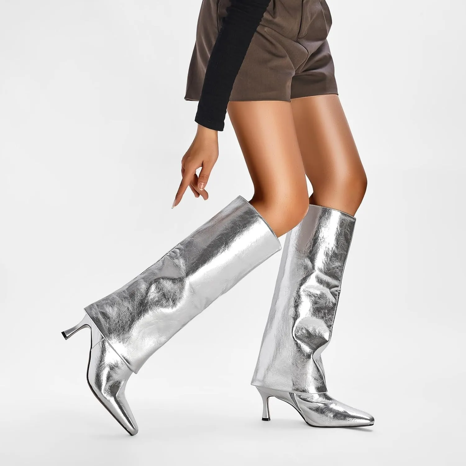 Kluolandi Women's Stiletto High Heel Knee High Boots Pointed Toe Fold Over Boots for Women Knee High Dress Shoes