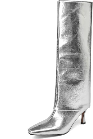 Kluolandi Women's Stiletto High Heel Knee High Boots Pointed Toe Fold Over Boots for Women Knee High Dress Shoes