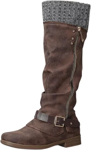 Knee High Boots for Women,Round Toe Low Heel Tall Long Boots Sweater Ruched Knit Cuff Buckle Riding Boot with Side Zip