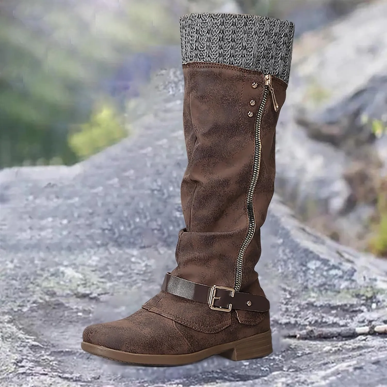 Knee High Boots for Women,Round Toe Low Heel Tall Long Boots Sweater Ruched Knit Cuff Buckle Riding Boot with Side Zip