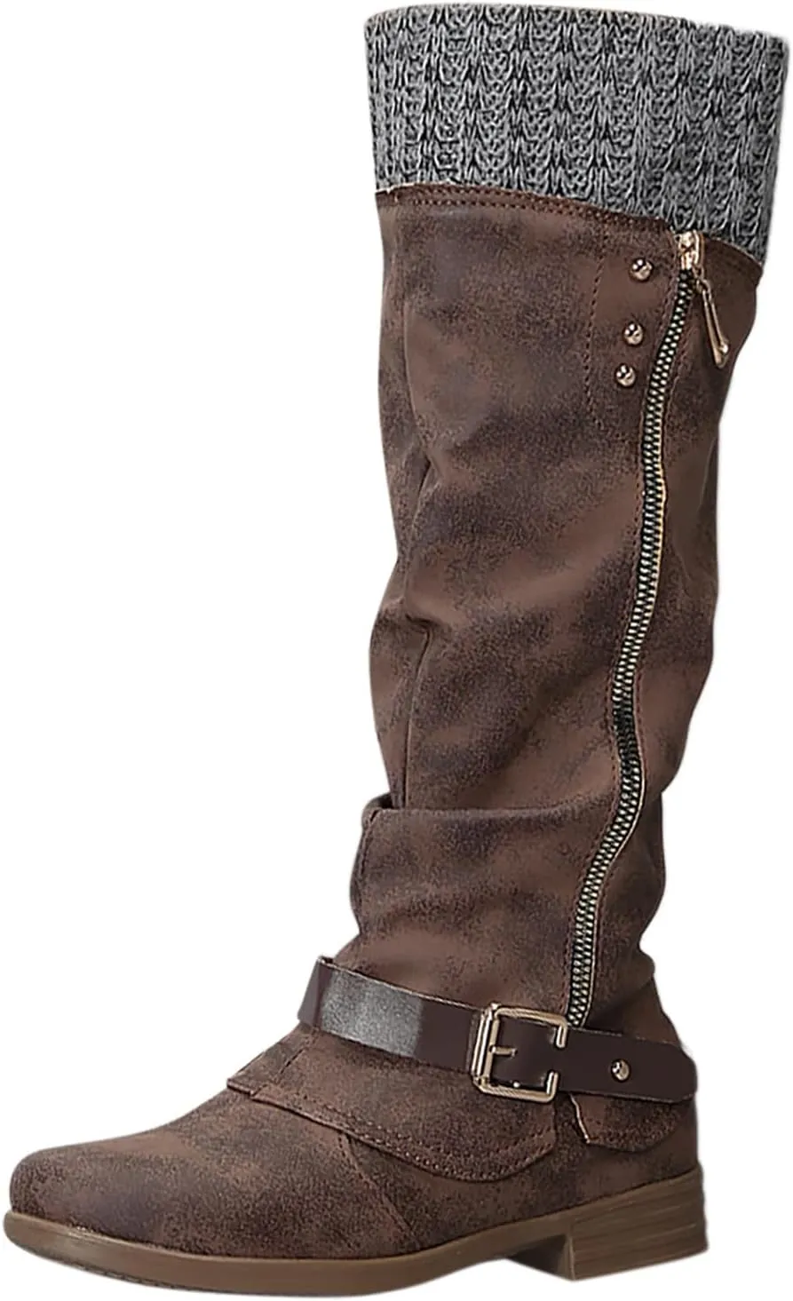 Knee High Boots for Women,Round Toe Low Heel Tall Long Boots Sweater Ruched Knit Cuff Buckle Riding Boot with Side Zip