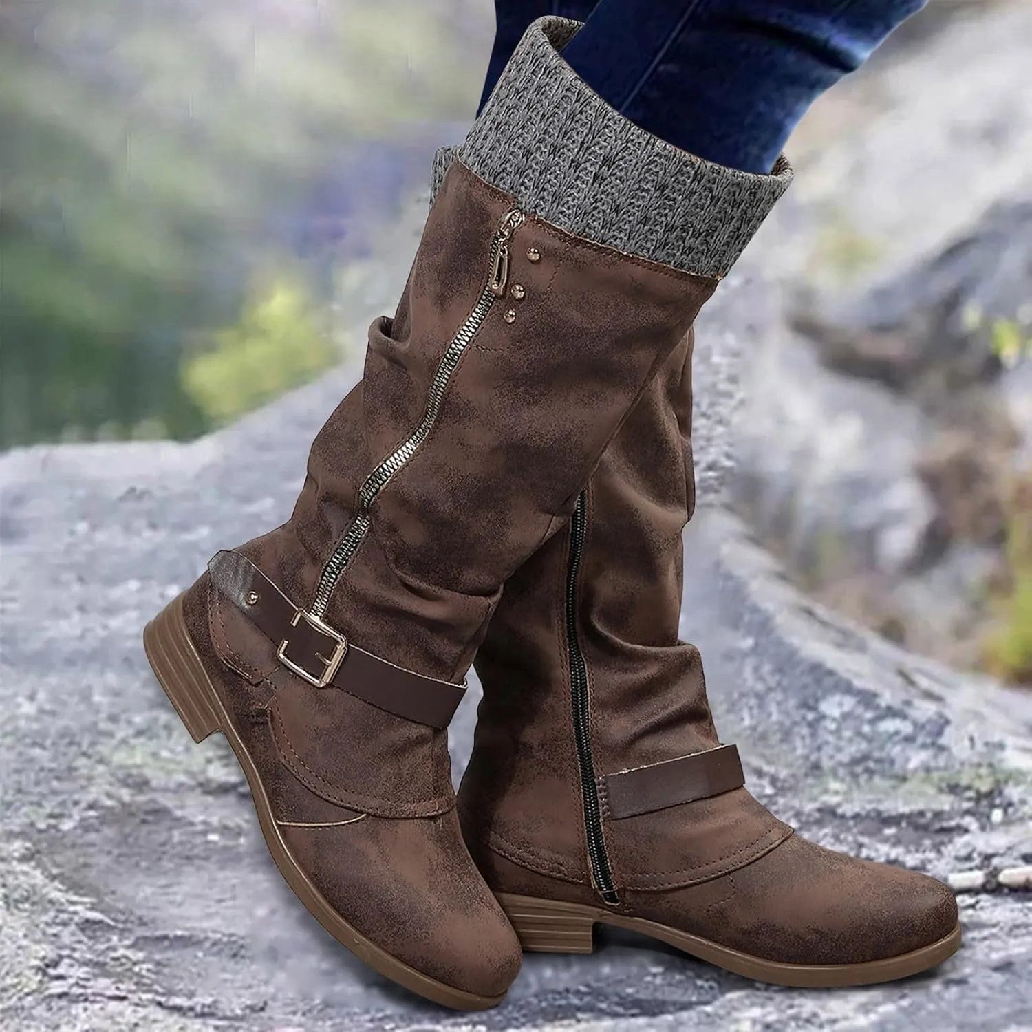 Knee High Boots for Women,Round Toe Low Heel Tall Long Boots Sweater Ruched Knit Cuff Buckle Riding Boot with Side Zip