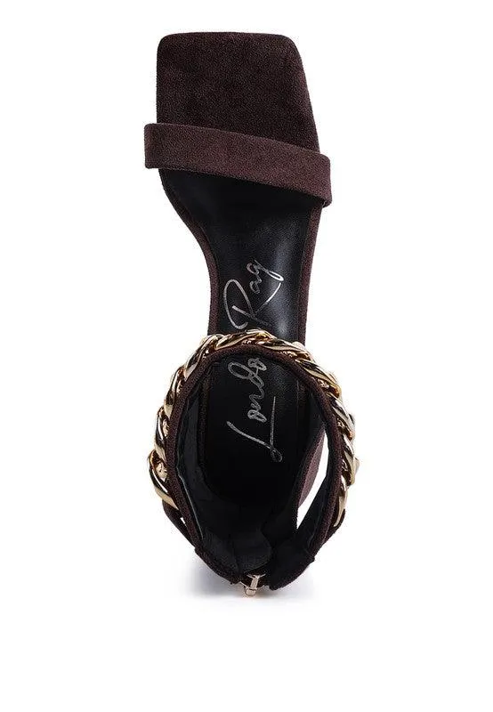 Last Sip Heeled Faux Suede Chain Strap Sandal by Blak Wardrob