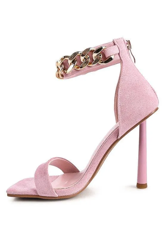 Last Sip Heeled Faux Suede Chain Strap Sandal by Blak Wardrob