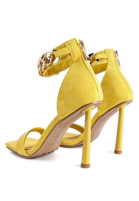 Last Sip Heeled Faux Suede Chain Strap Sandal by Blak Wardrob