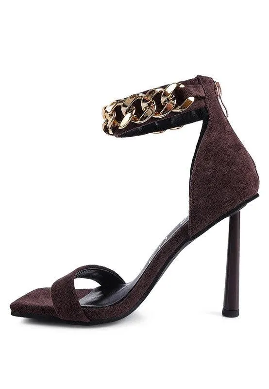 Last Sip Heeled Faux Suede Chain Strap Sandal by Blak Wardrob