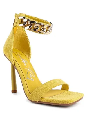 Last Sip Heeled Faux Suede Chain Strap Sandal by Blak Wardrob