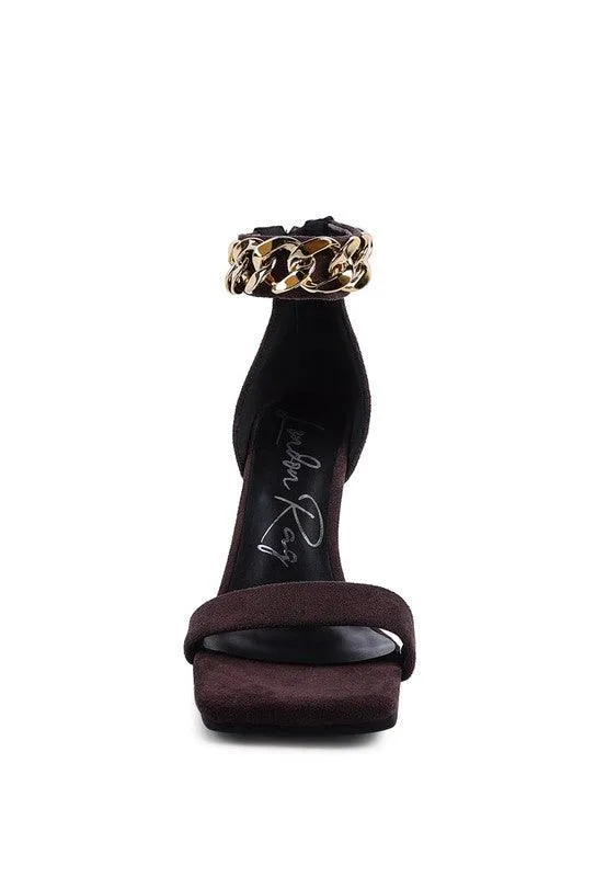 Last Sip Heeled Faux Suede Chain Strap Sandal by Blak Wardrob