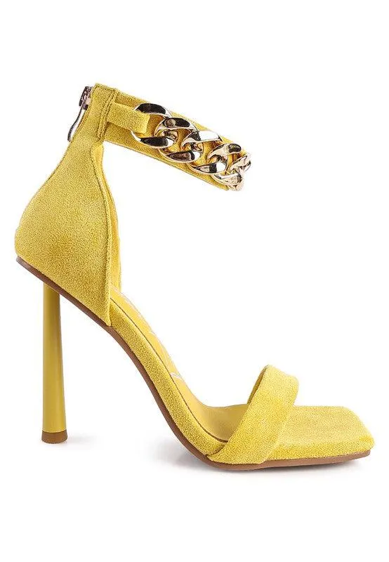 Last Sip Heeled Faux Suede Chain Strap Sandal by Blak Wardrob