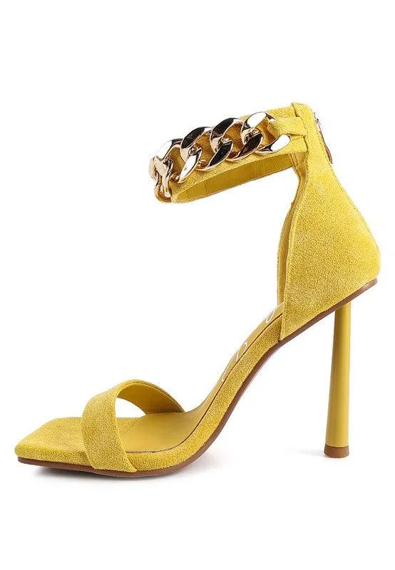 Last Sip Heeled Faux Suede Chain Strap Sandal by Blak Wardrob