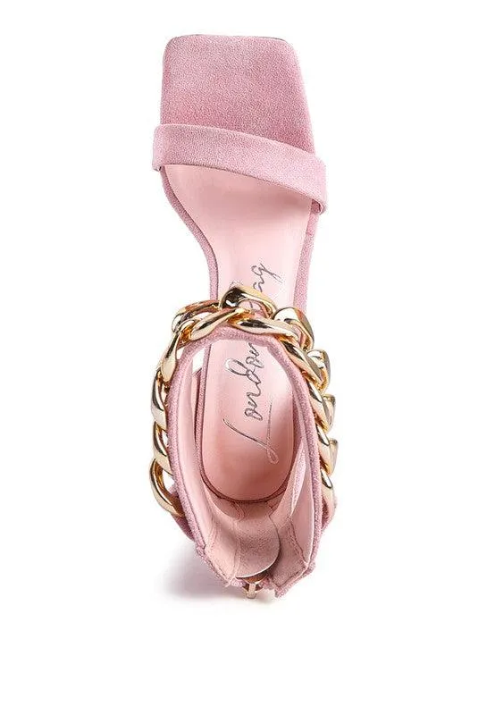 Last Sip Heeled Faux Suede Chain Strap Sandal by Blak Wardrob