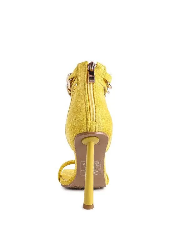 Last Sip Heeled Faux Suede Chain Strap Sandal by Blak Wardrob
