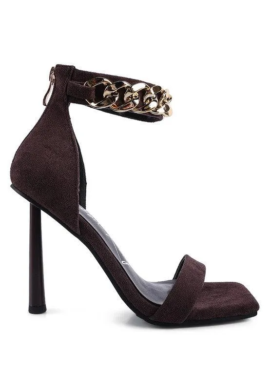 Last Sip Heeled Faux Suede Chain Strap Sandal by Blak Wardrob