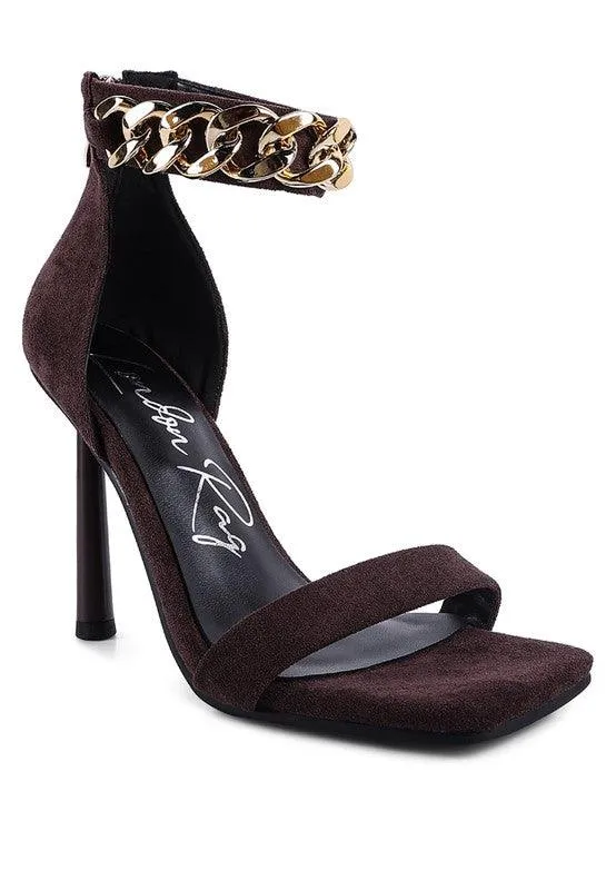 Last Sip Heeled Faux Suede Chain Strap Sandal by Blak Wardrob