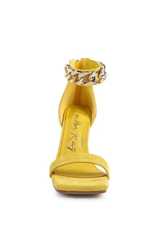 Last Sip Heeled Faux Suede Chain Strap Sandal by Blak Wardrob