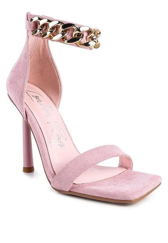 Last Sip Heeled Faux Suede Chain Strap Sandal by Blak Wardrob